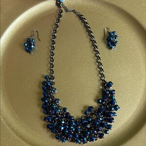 Elegant Blue Crystal Necklace (18” Long) and Matching Pierced Earring Set